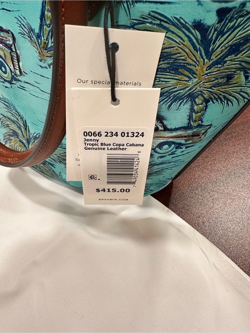 Brahmin Turquoise Palm Tree Print Satchel with Brown Handles Copa Cabana! - Picture 3 of 6